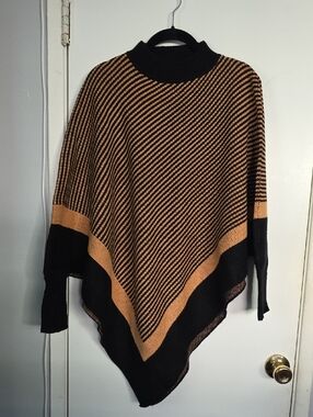SHEIN Black & Tan Striped Knit Poncho with Mock Neck